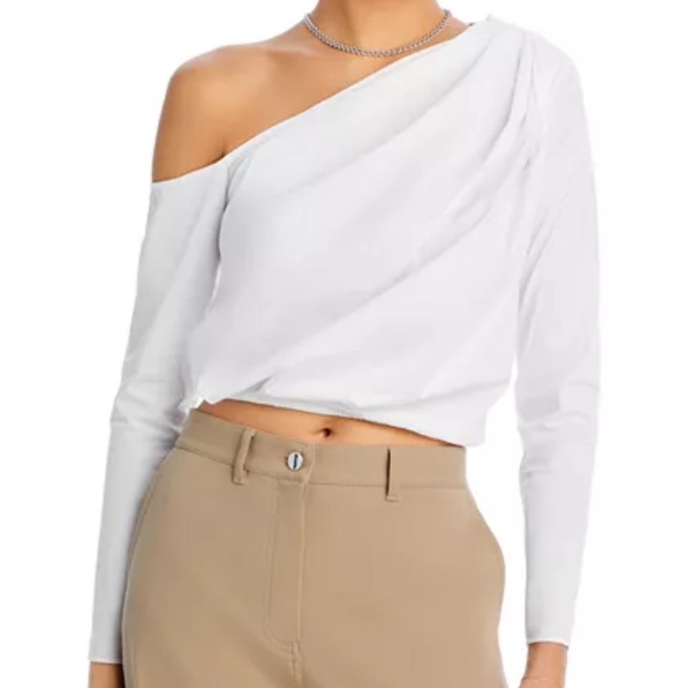 New STAUD Anika One Shoulder Cropped Long Sleeve Top in White Size Medium